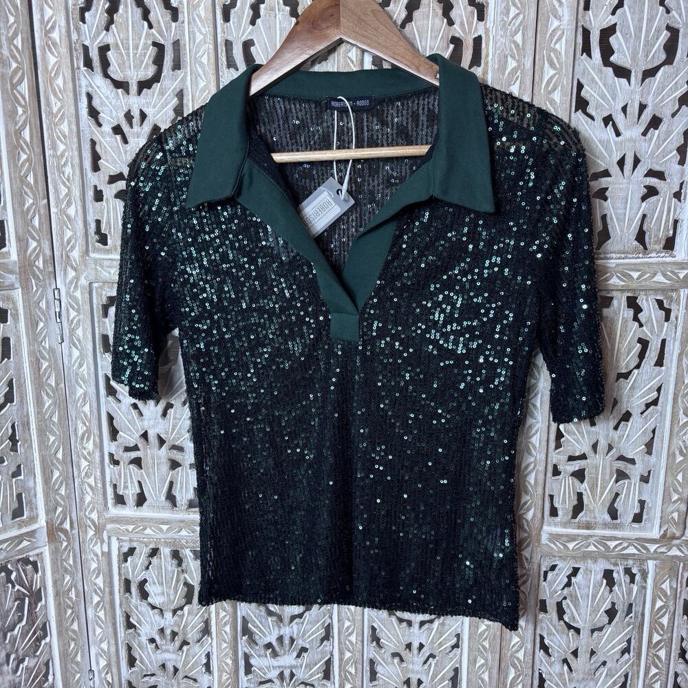 Emerald Green Sequin Embellished Sheer 3/4 Sleeve Collar Blouse Festive Glam S/M